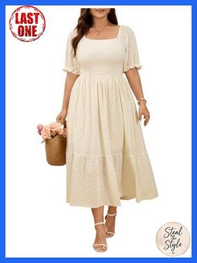 Plus Size Square Neck Smocked Maxi Dress with Puff Sleeves
